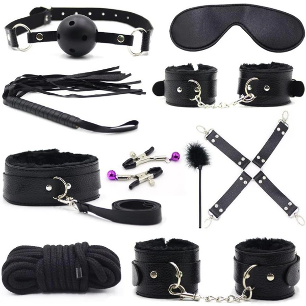 BDSM 10-Delige Bondage Set Met Zweep En Handboeien - Sex toys - Bdsm Set - Bondage Set - Zwart