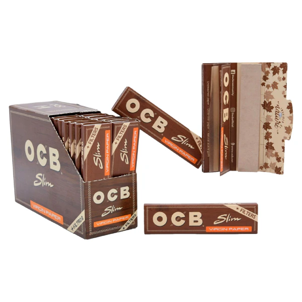 OCB Virgin Unbleached Kingsize Slim + Tips | Doos met 32 Pakjes | 32 Vloeitjes & 32 Tips per Pakje