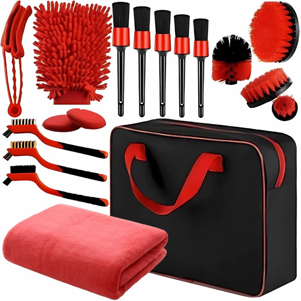 Auto Detailingset XXL | Borstels, Pads & Microvezeldoeken | Organizer Tas | Rood-Zwart